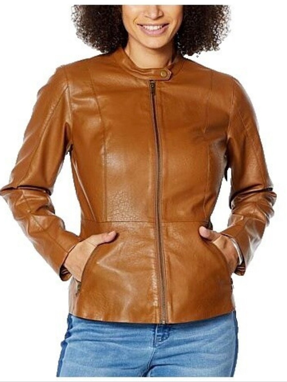 Colleen Lopez Faux Leather Zip Up Jacket With Pockets
